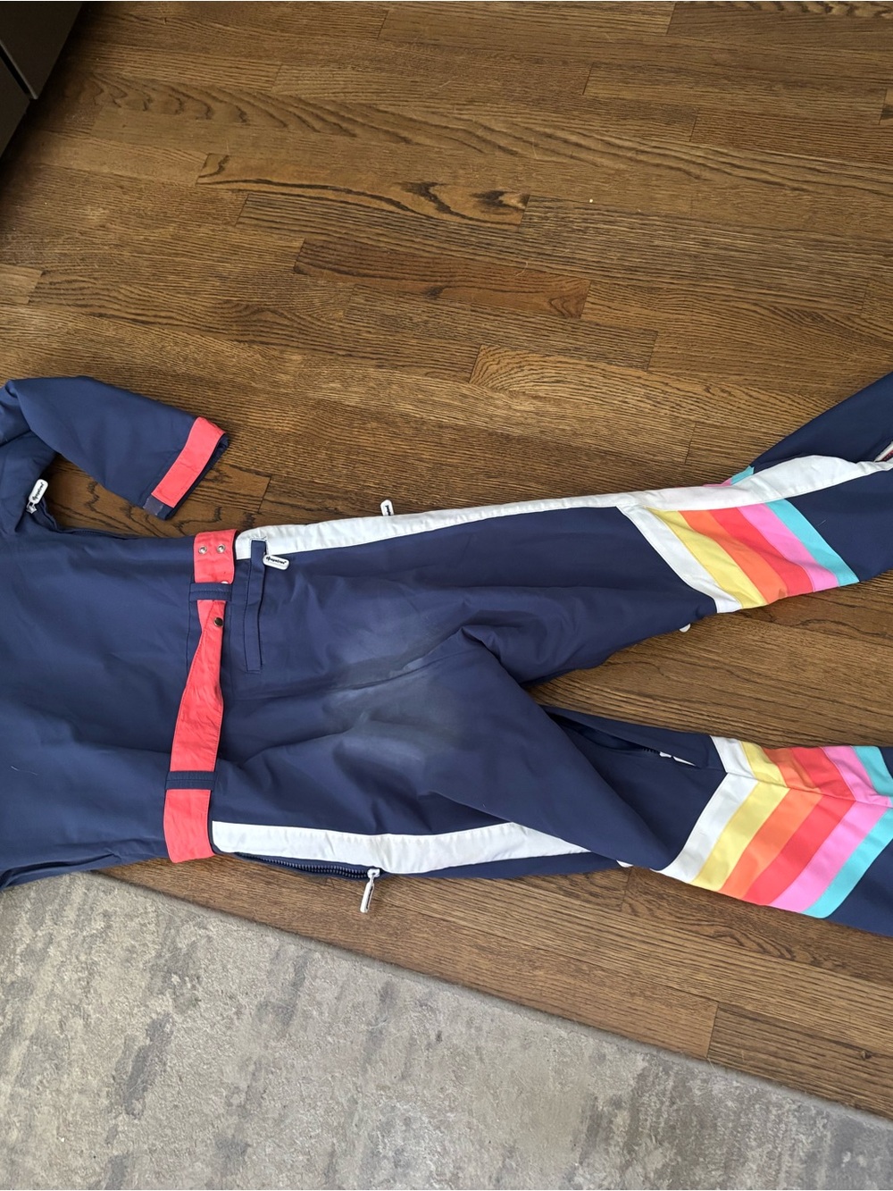 Tipsy Elves Navy Ski One-Piece with Rainbow Chevron Stripes - Picture 2 of 2